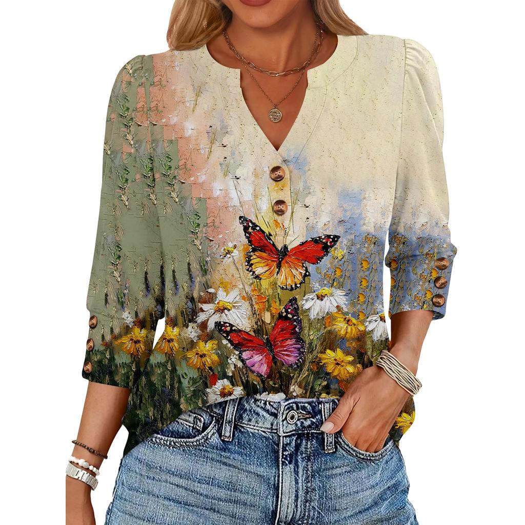 Women's Retro Printed Loose 7-inch Sleeve Top