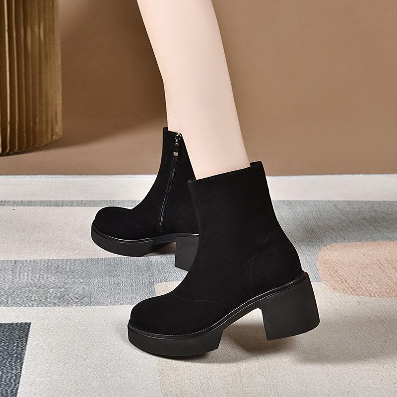 Women's Chunky Heel Ankle Boots - Matte Sheepskin, Thick Sole, Round Toe, Versatile for Autumn and Winter
