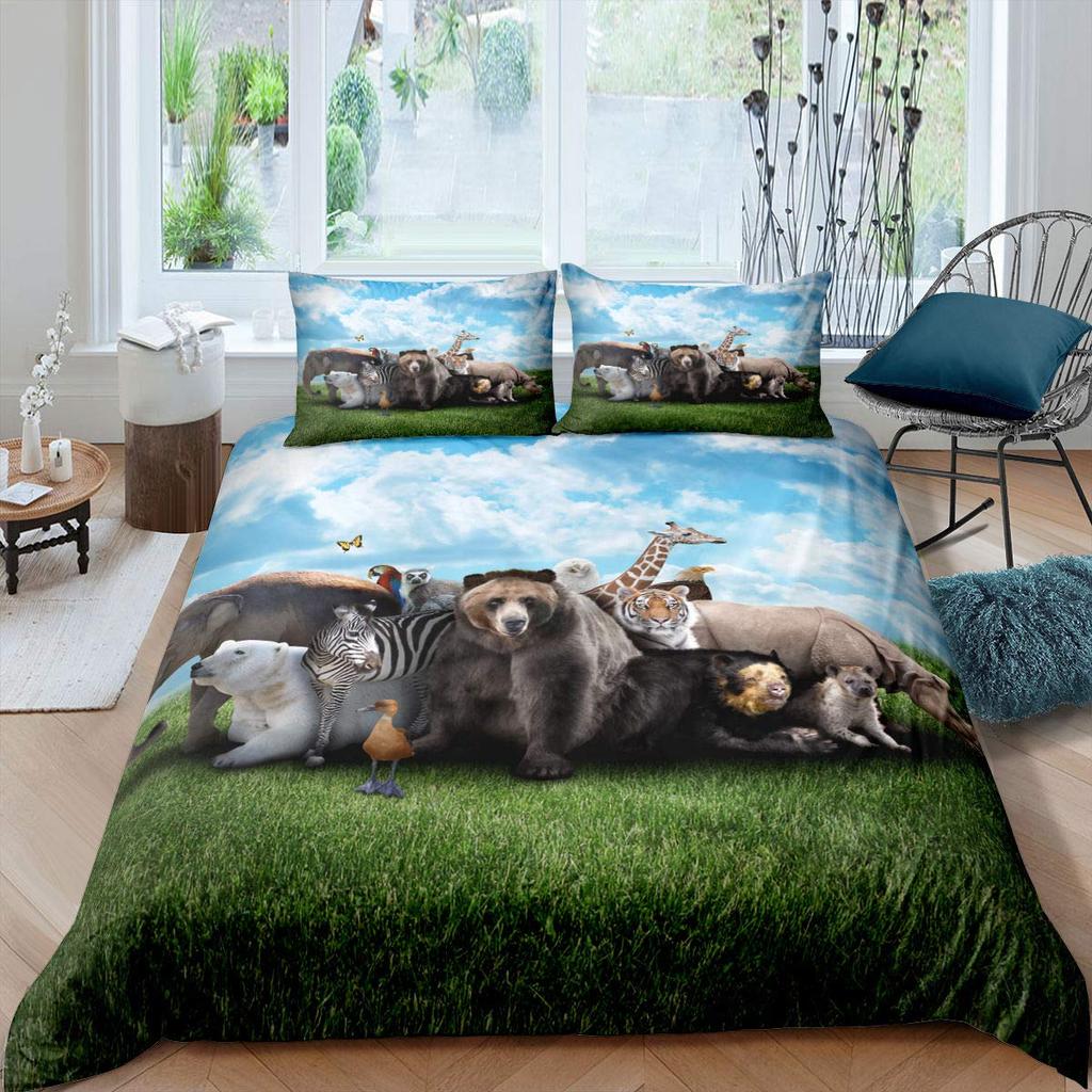 Cartoon Animals Duvet Cover Set King Size Savannah Tropical Forest Jungle Wildlife Bedding Set Kids Zoo Polyester Quilt Cover