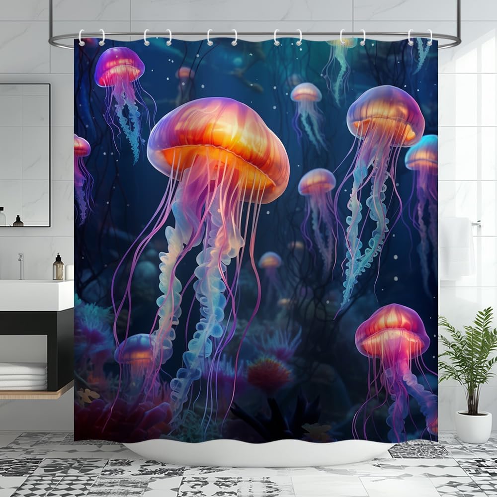 Jellyfish Shower Curtain Ocean Animal Marine Life Underwater Fantasy Colorful Fabric Bathroom Decor with Hooks 90x180