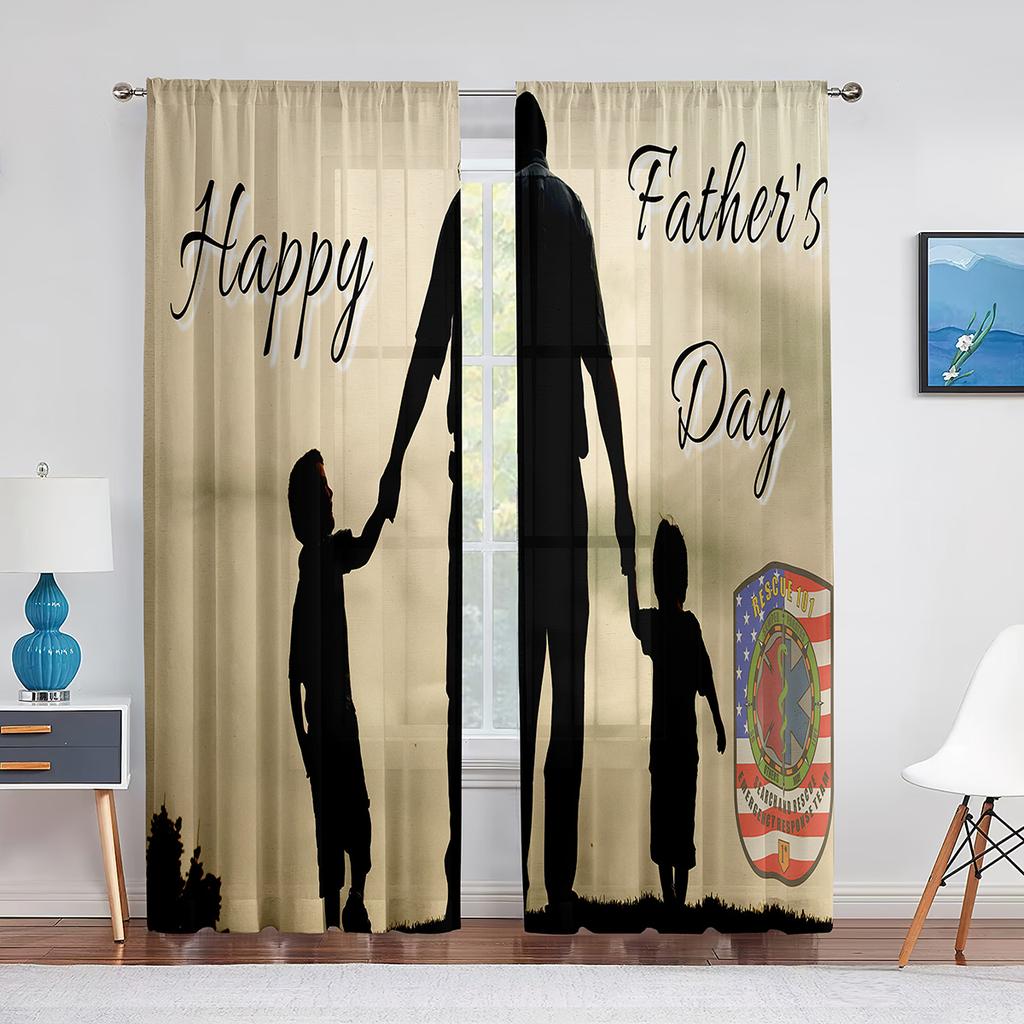 Happy Father‘s Day Sheer Voile Curtain Ocean Beach Sunset Kids Silhouettes Window Tulle Curtains for Living Room Bedroom Decor