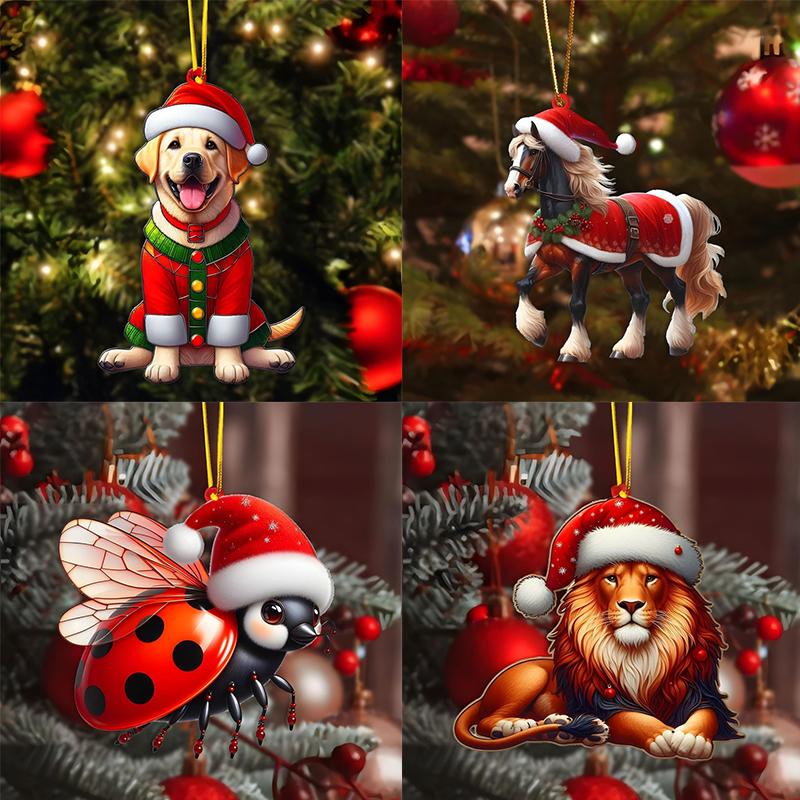 2D Christmas Squirrel Pendant Hedgehog Cat Pattern Decorative Acrylic Flat Ornaments Cartoon Animal Car Hanging