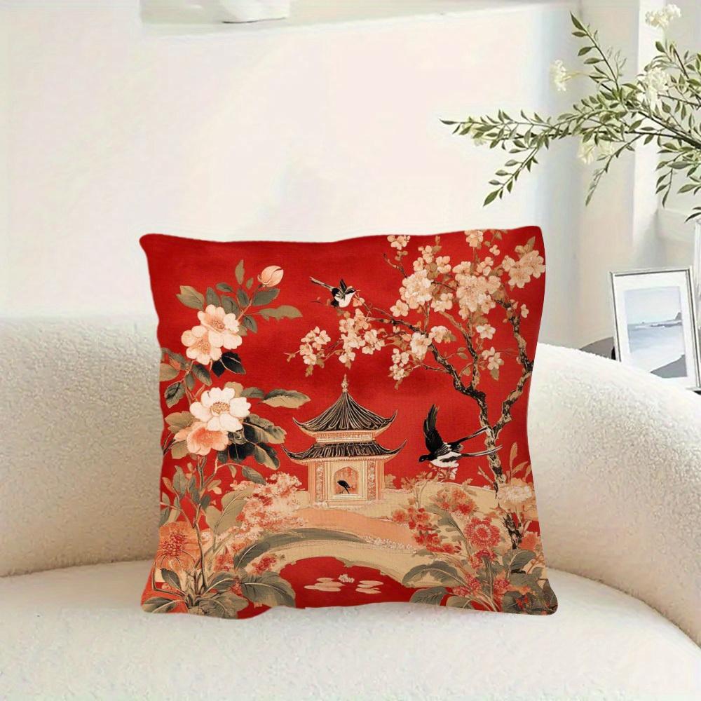 1 ks Povlak na polštář Chinoiserie Červená straka, Polyester 2D Oboustranný potisk, Tradiční čínská zahrada a květinové umění, Orientální domov