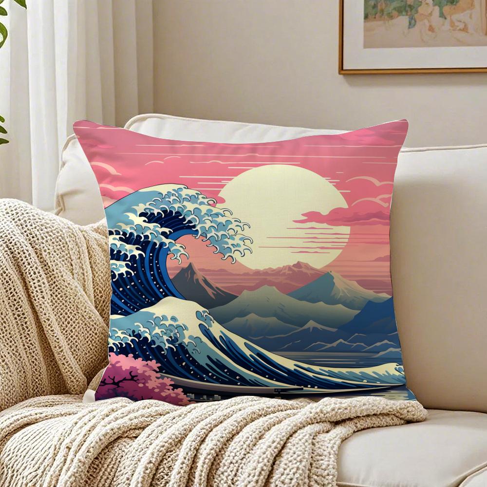 Beautiful Art Japanese Waves Anime Cushion Cover Linen Pillowcase Soft  for Sofa Bed Home Room Decor