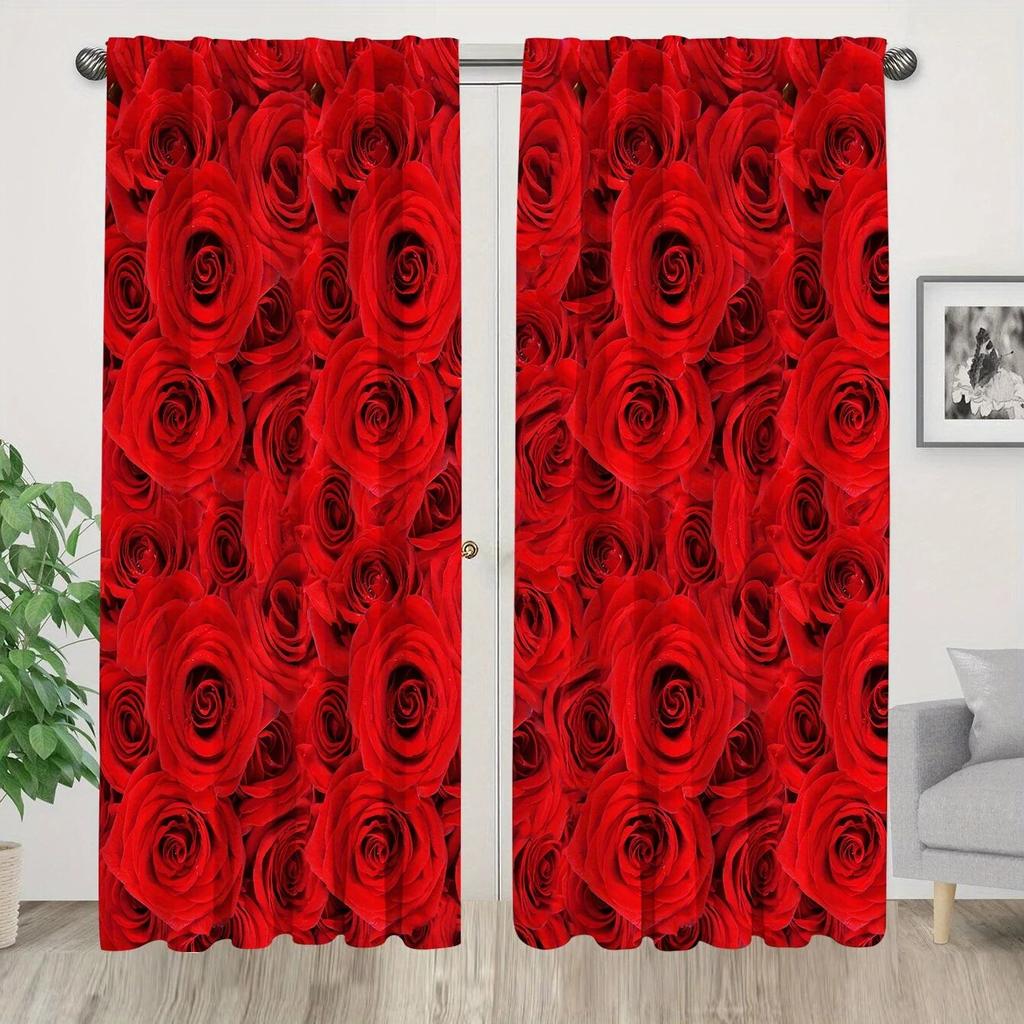 2stk Red Rose Abstrakt Marmormønster Gardiner Stanglomme Valentinsdagsdekorasjon Trykt Lysfiltrerende Kjøkkengardin