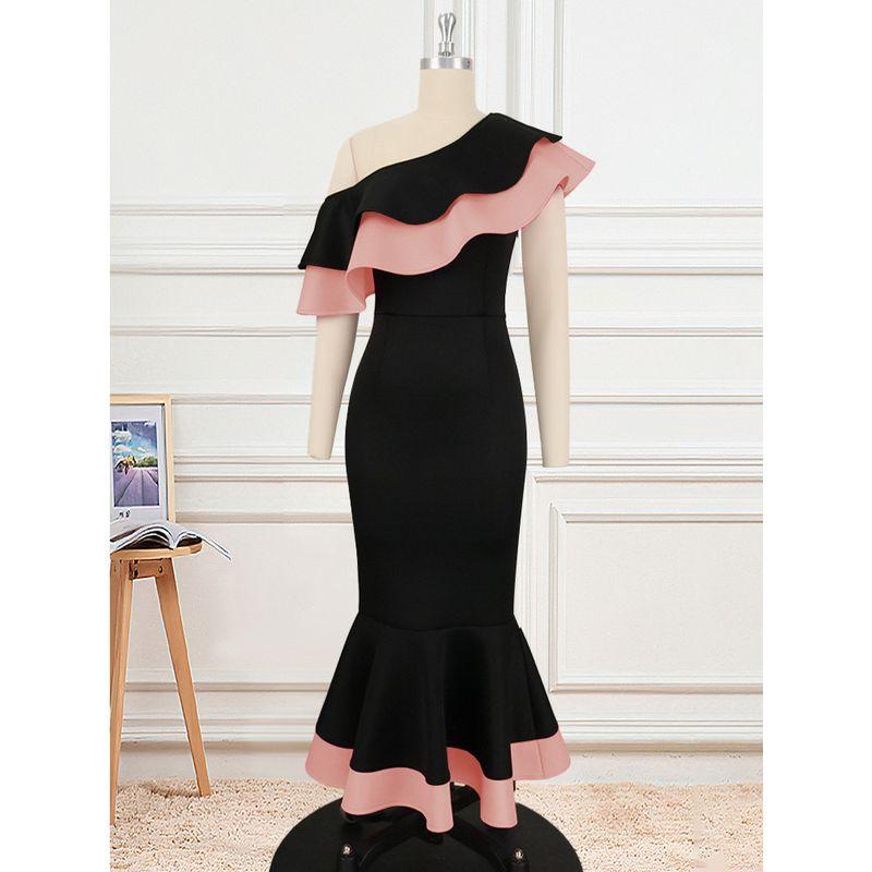 

100.00кг Платье-русалка на одно плечо с открытой спиной и юбкой с оборками Платье для ежегодной встречи Экспортная одежда больших размеров для женщин Мода Pink 2X