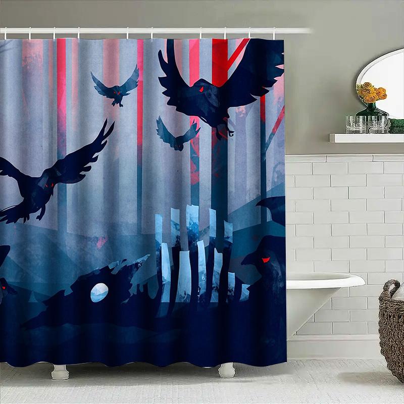 Gothic Raven Shower Curtain Dark Forest Halloween Decor Spooky Birds Washable Bathroom Set Vintage Horror Landscape Wall Art