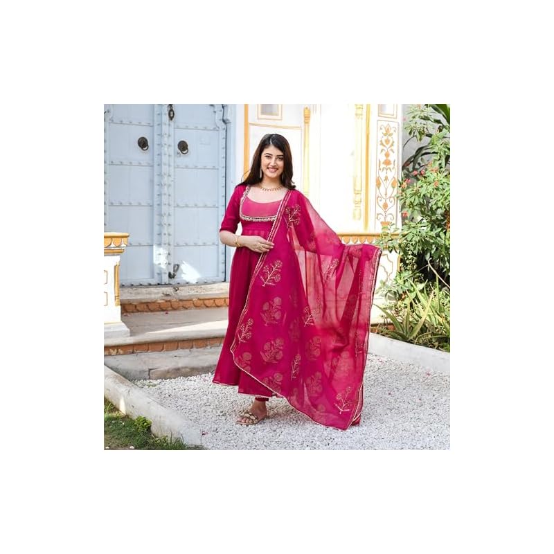 GoSriKi Women s Rayon Blend Anarkali Embroidered Kurta with Pant & Dupatta (APARNAA Pink-GS_S_Pink_Small) S розовый