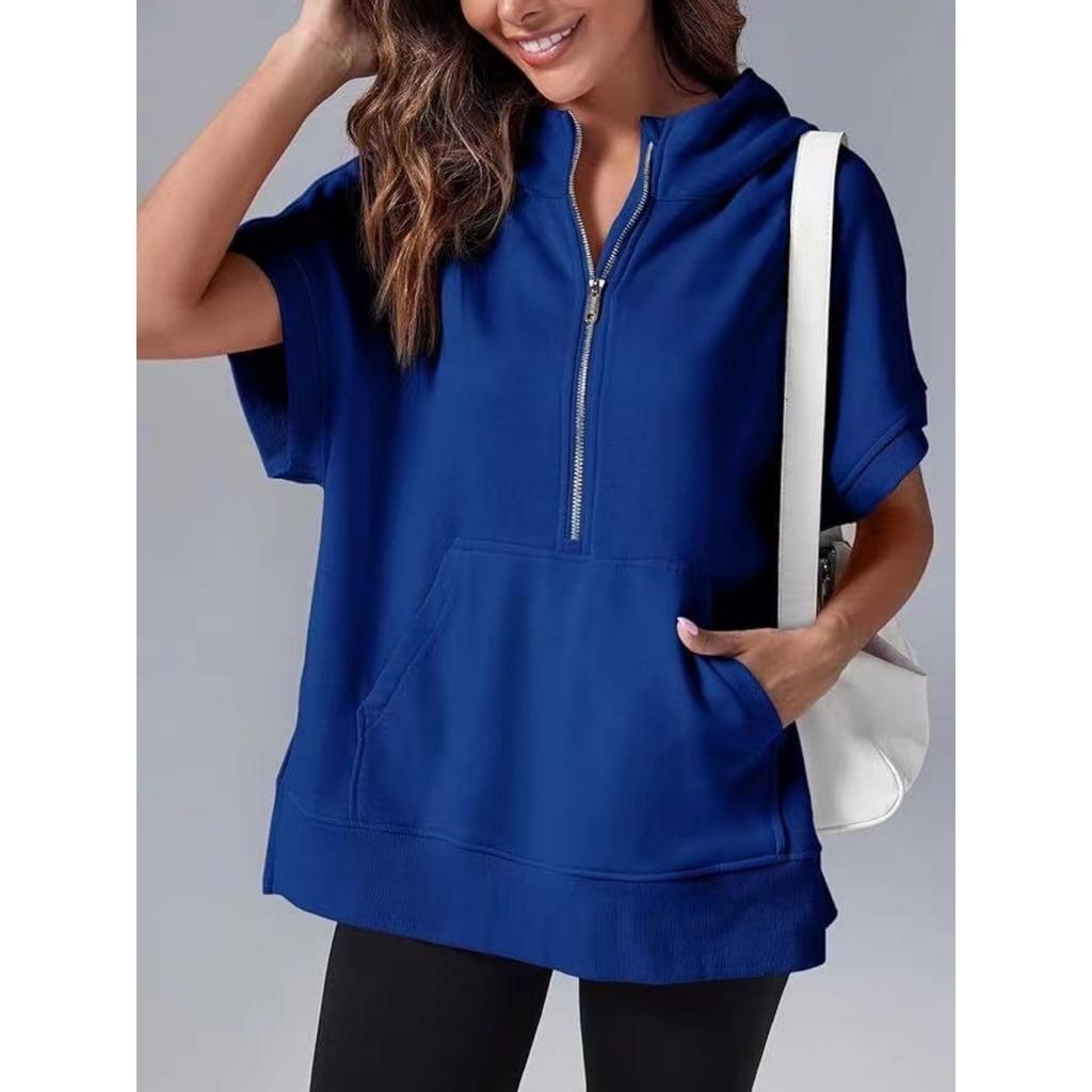 Women's Hooded Short Sleeve Half Zip Oversized Casual Sweatshirt With Pockets