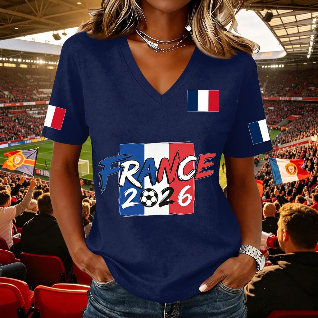 Women's Casual V Neck Pullover Top Short Sleeve Soccer Fan Shirt National Flag Print Support Tee for Outdoor Activities