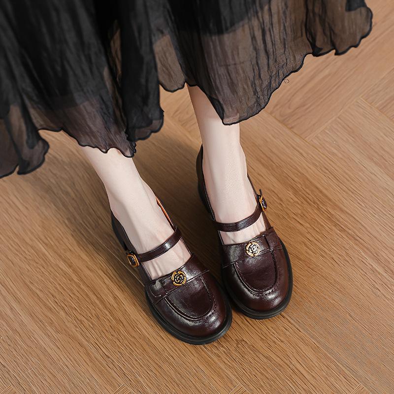 Retro thick heel Mary Jane women's shoes one-word buckle with round head loafers high heel light mouth French single shoes small leather shoes women