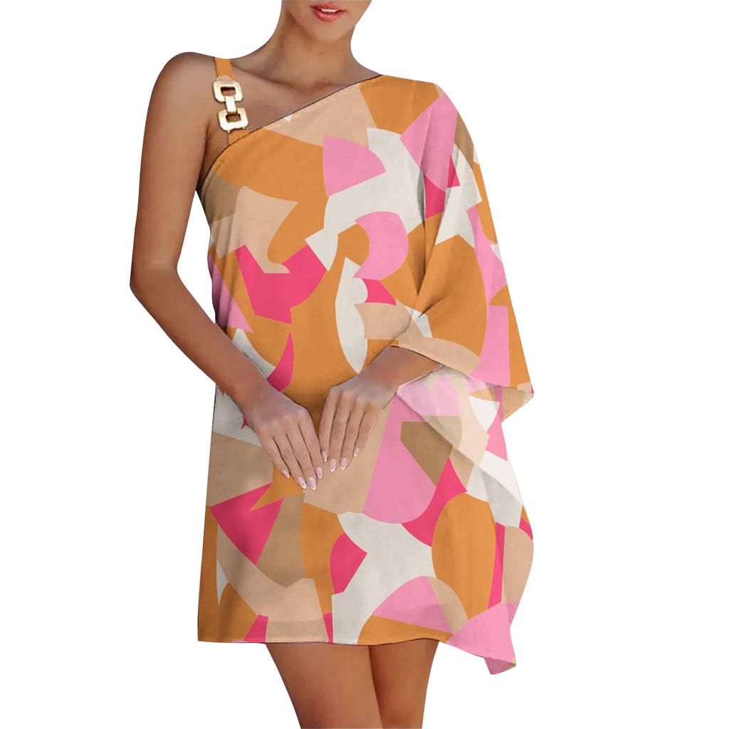Wish Ladies Printed Chain Strap Half Off-Shoulder Dress