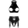 Lenjerie de damă, din piele lacuită, cu cupe deschise, crop top cu jartieră, cu picioare deschise, set de lenjerie de corp pentru îmbrăcăminte de club pentru nopți de întâlnire