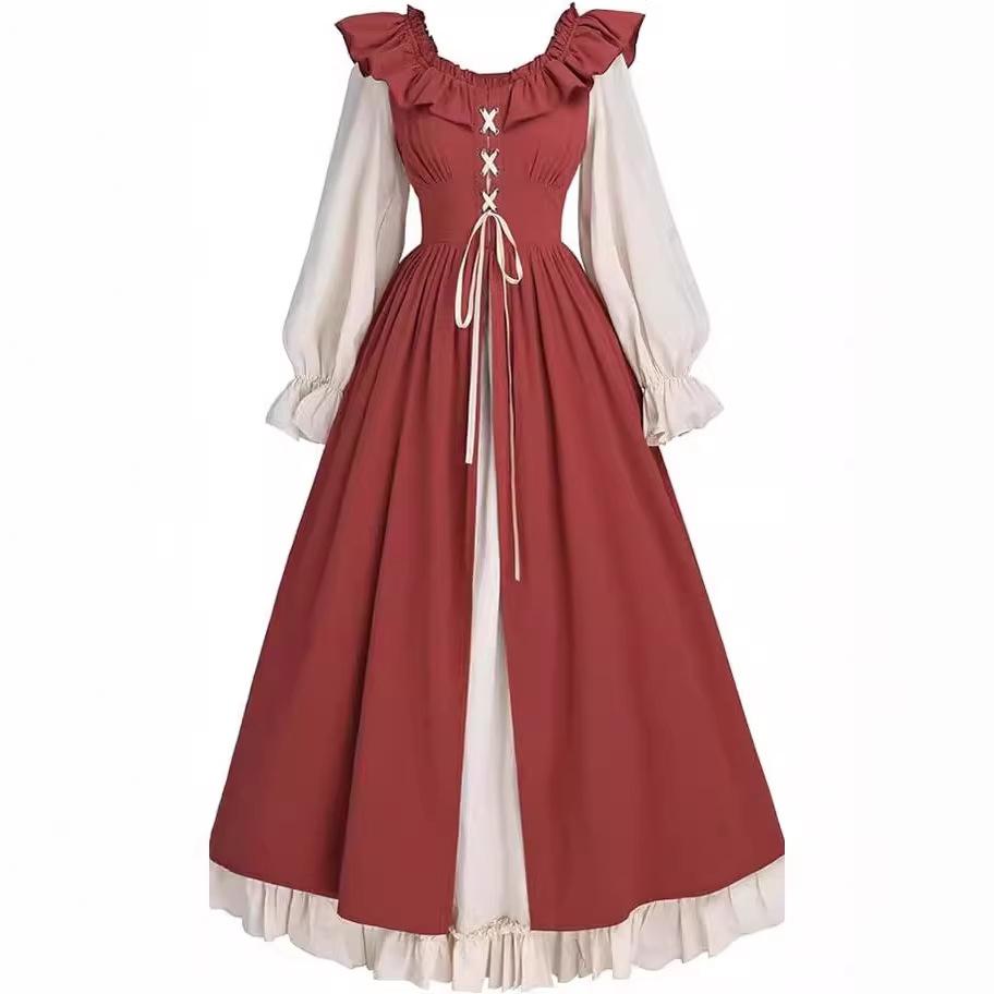 Abito Lungo Medievale Rinascimentale da Donna con Collo Arricciato Maniche a Lanterna Corsetto Allacciato Abito da Contadina Vintage Cottagecore Festa di Halloween Cosplay Abito Lungo