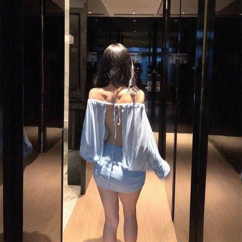 

Loose dress one-word shoulder bat sleeve sexy pure desire hip skirt simple flirting lingerie fun one size fits all [recommended weight 80-130] светло-синий