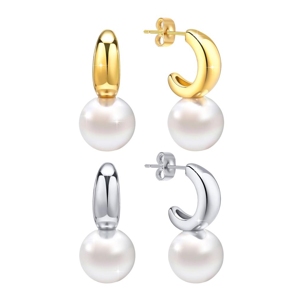 Exquisite C-shaped Imitation Pearl Earrings,Women's Stainless Steel Earrings,Waterproof Geometric Jewelry Gifts