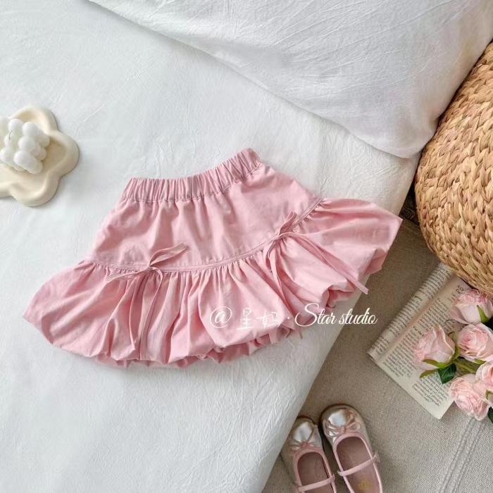 Trendy Little Girls  Bow Tie Lantern Sleeve Fluffy Skirt Pants - White Summer Short Skirt 140cm