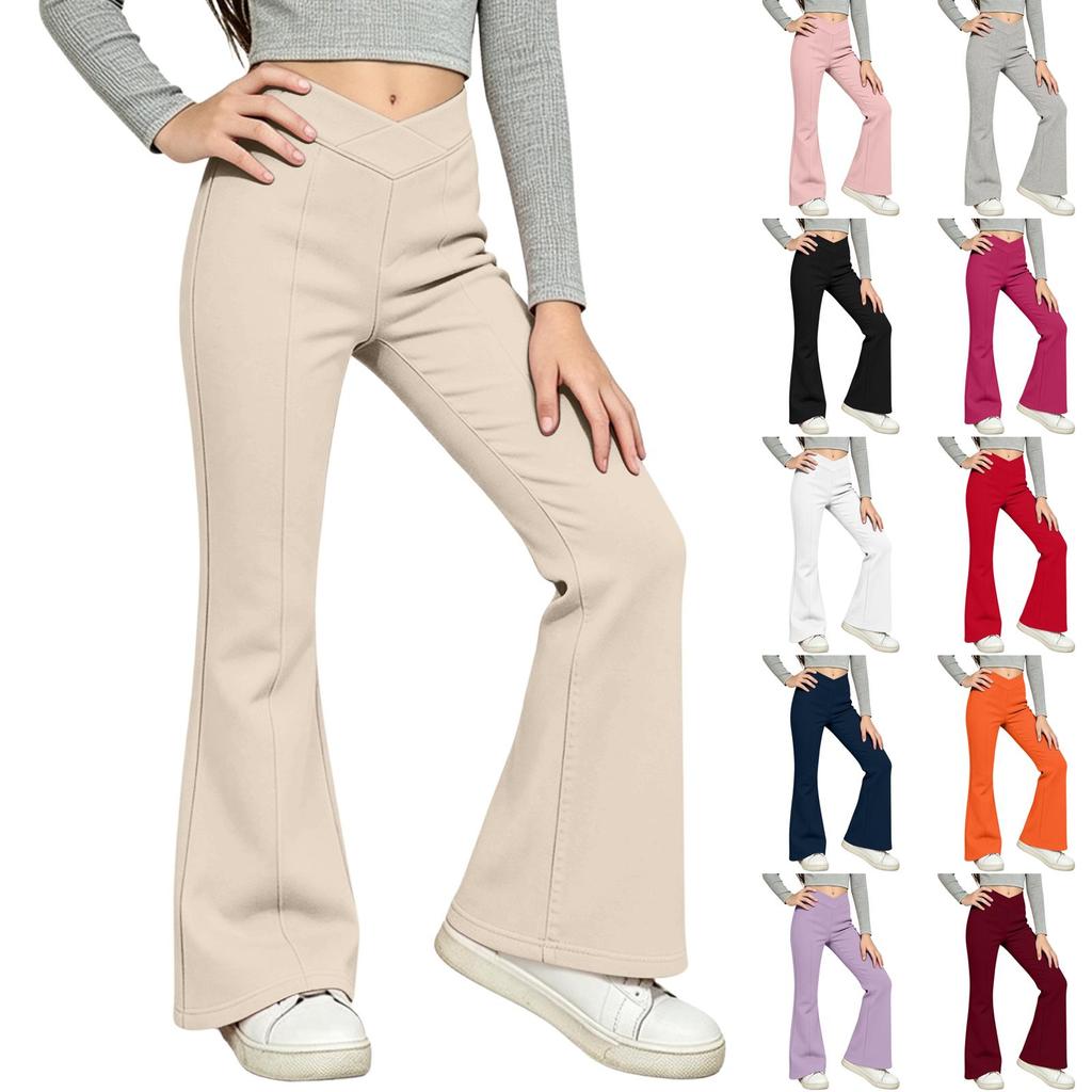 Kids' Color High Waist Flared Yoga Pants with Elastic Waist for Running, Dance and Fitness