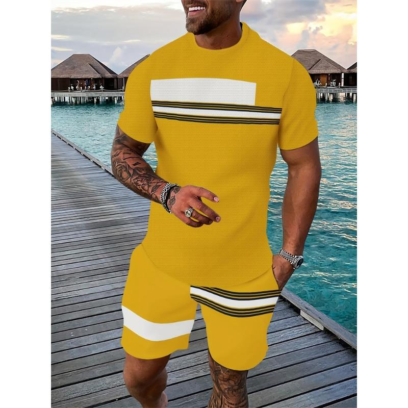 Summer Bestseller T-Shirt Set Color-Block Striped Short-Sleeve T-Shirt & Shorts Set Casual Outdoor Running Fitness Set