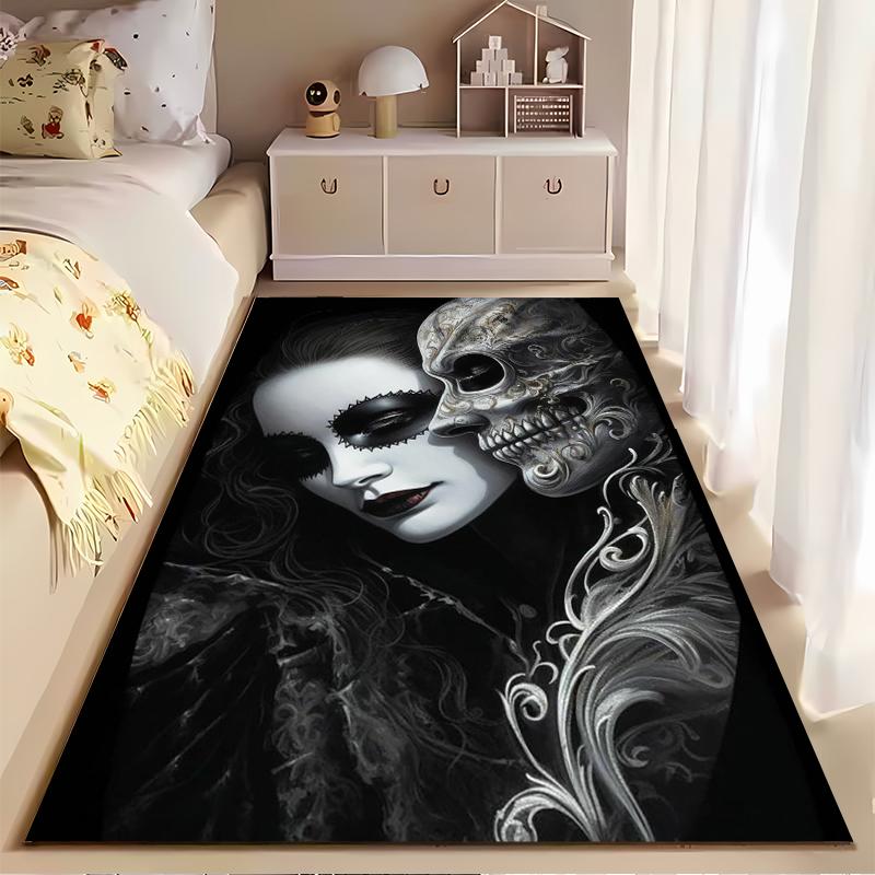 Masked Woman and Skull Art Design Rug Non-slip rug suitable for living room and bedroom sofas.