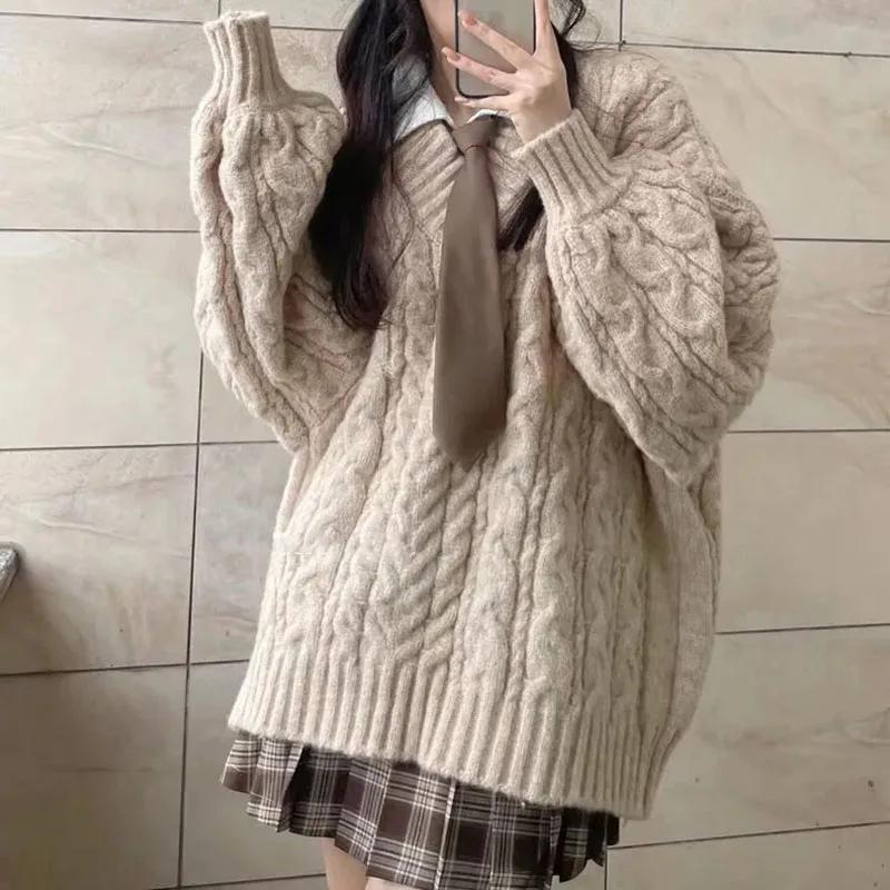 Herbst Winter Frauen Pullover Harajuku Übergroßen Gestrickte Pullover Koreanische Langarm V-ausschnitt Lose Strickwaren Solide Lose Pullover L khaki