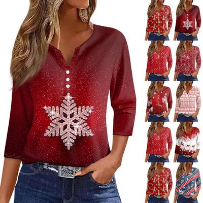 Dámské tričko s vánočním potiskem, knoflíky a 3/4 rukávem, pro každodenní nošení i na víkend, módní základní kousek s výstřihem do V, běžného střihu