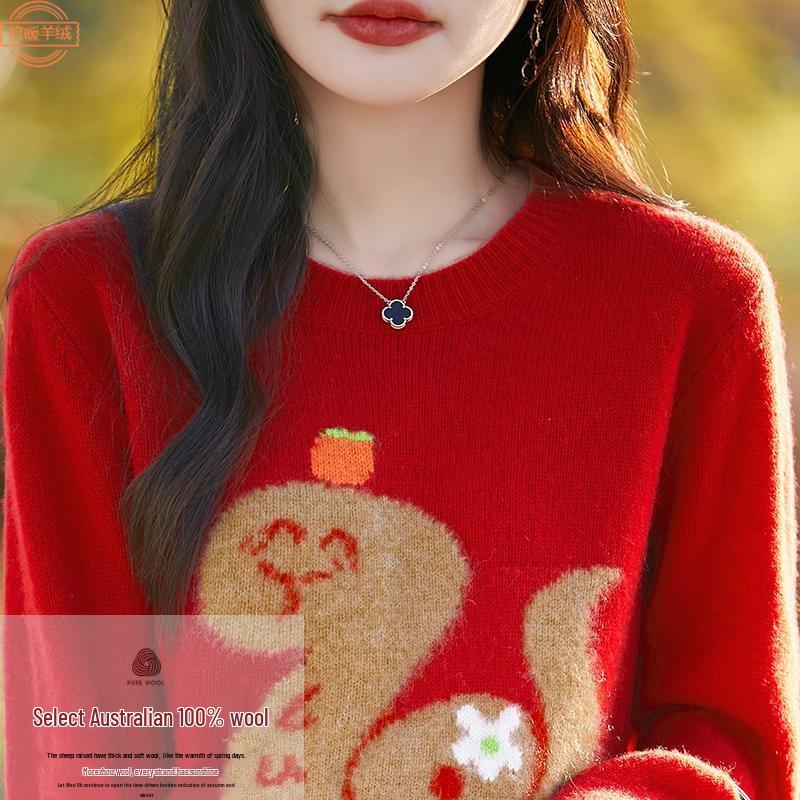 

Women s Year of the Snake Jacquard Wool Sweater: Red, Casual, Age-Reducing, Round Neck, Warm, New Year Top Medium