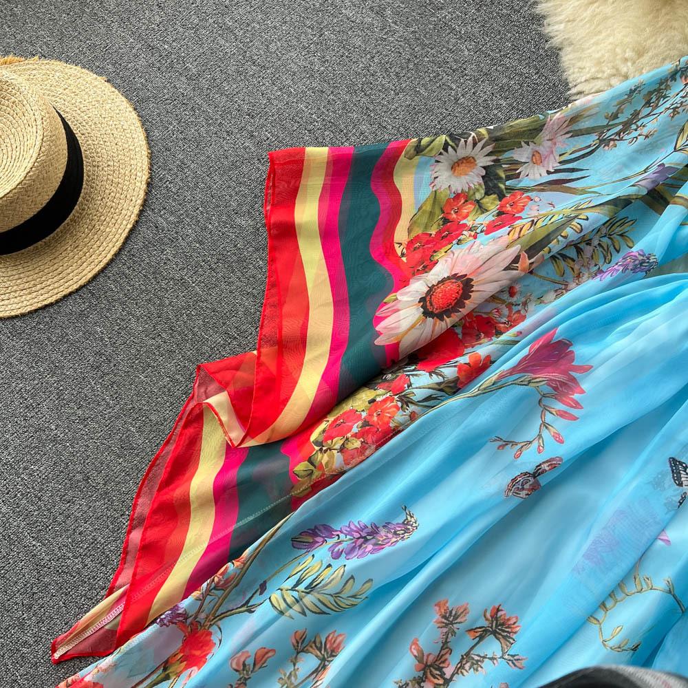 Böhmisches Vintage-Maxikleid für den Sommer, für Damen, O-Ausschnitt, Blumendruck, ausgestellte Ärmel, Chiffon, hohe Taille, lange Kleider