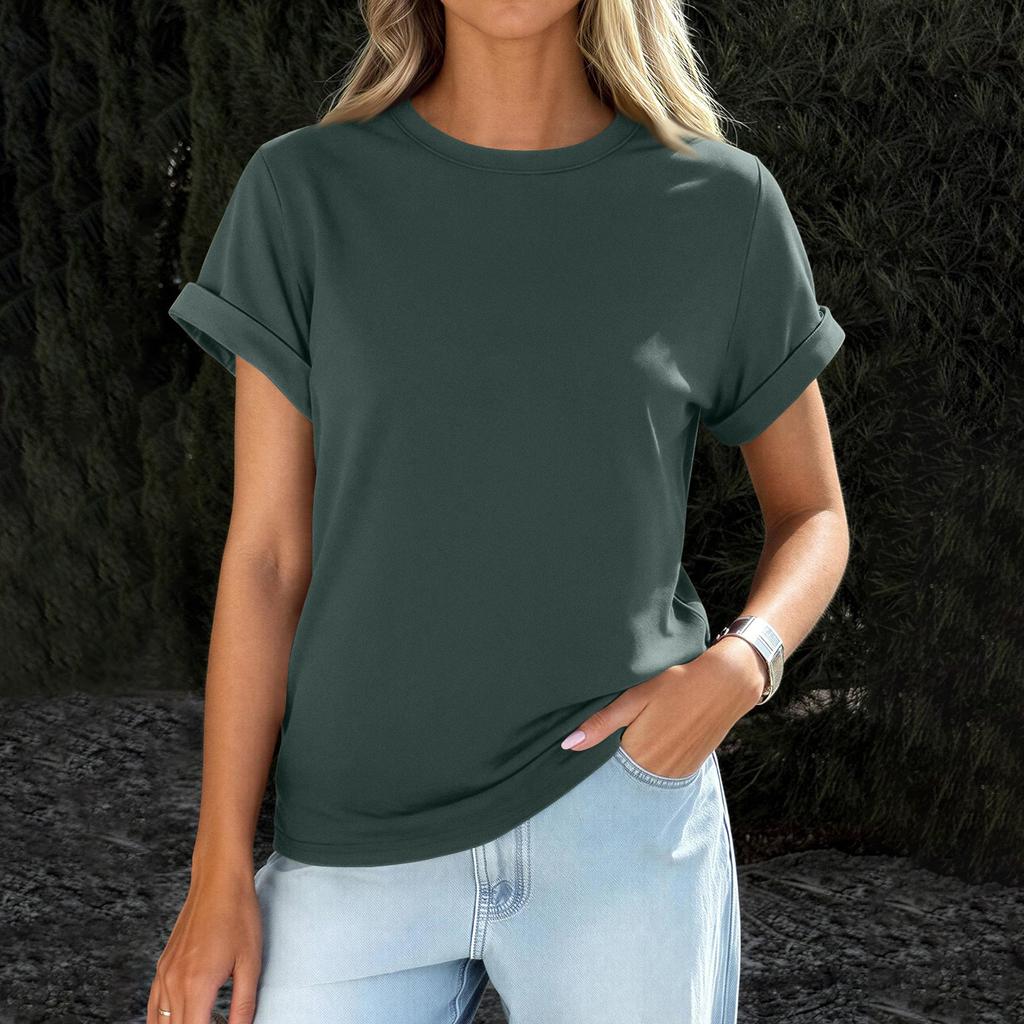 Womens  Casual Rolled Short Sleeve Basic Tees Fashion Tops