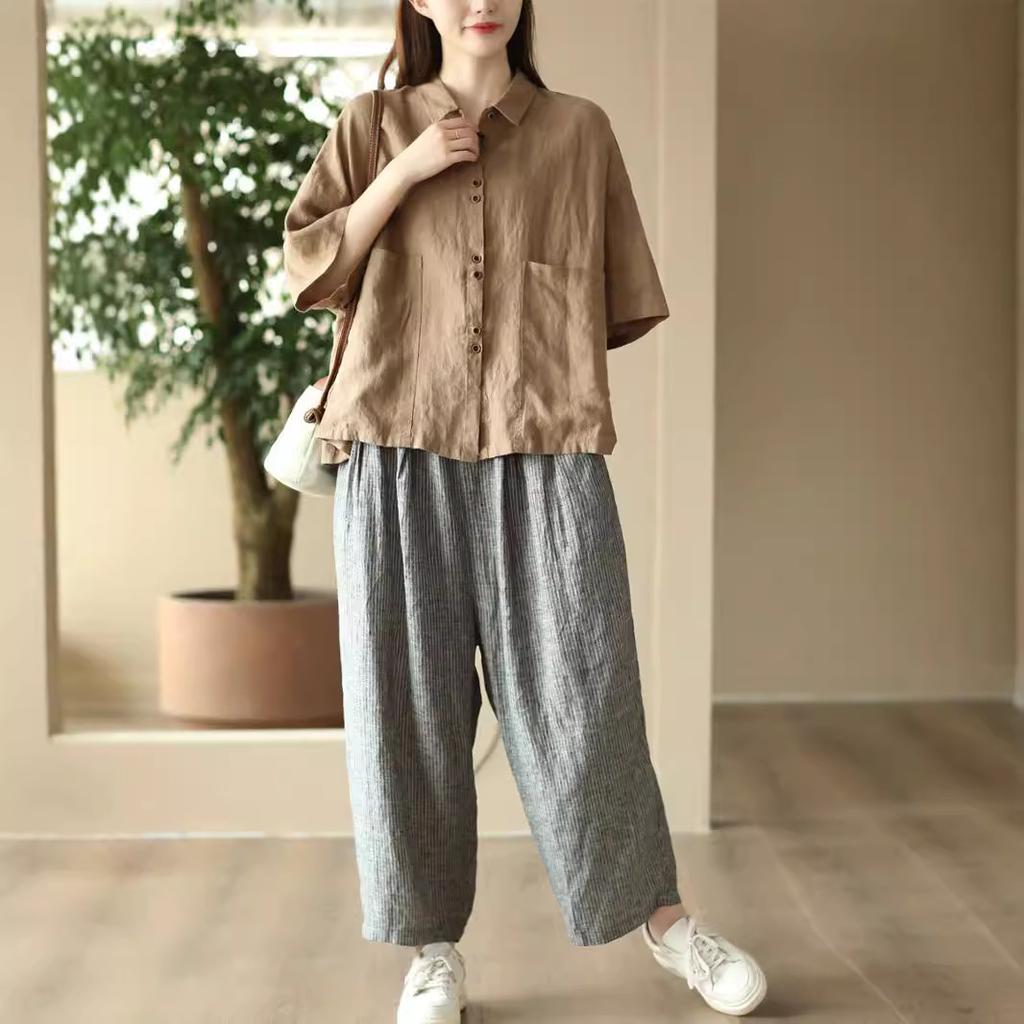 Retro cotton and linen short-sleeved shirt women's summer new large-size shirt loose casual versatile Polo collar top