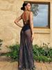 EDOLYNSA 2024 Black Fashion Polka Dots Sexy See Through Spaghetti Strap Beach Maxi Dress Women Summer Party Slip Dresses Swimsuit Cover Up