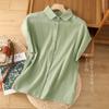2025 Summer New Literary Cotton Solid Color Women's Shirt Loose Retro POLO Neck Small Flying Sleeve Cardigan Top