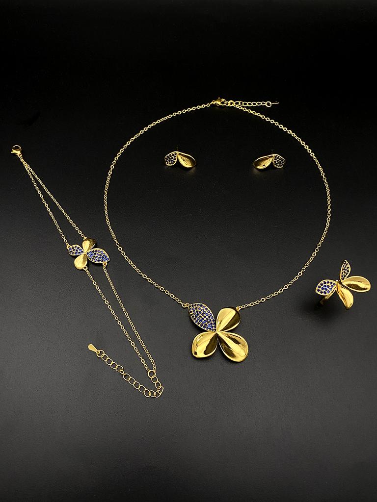 Flora Four-Leaf Clover Necklace Set for Women Copper Cubic Zirconia Plated Jewelry Wedding Gift with Gift Box