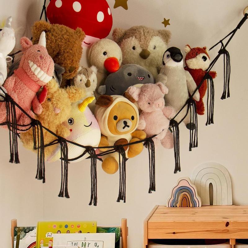 Boho Tassel Toy Hammock Wall Corner Hanging Storage Net Durable Cotton Woven Organizer for Kids Room Nursery Home Decor