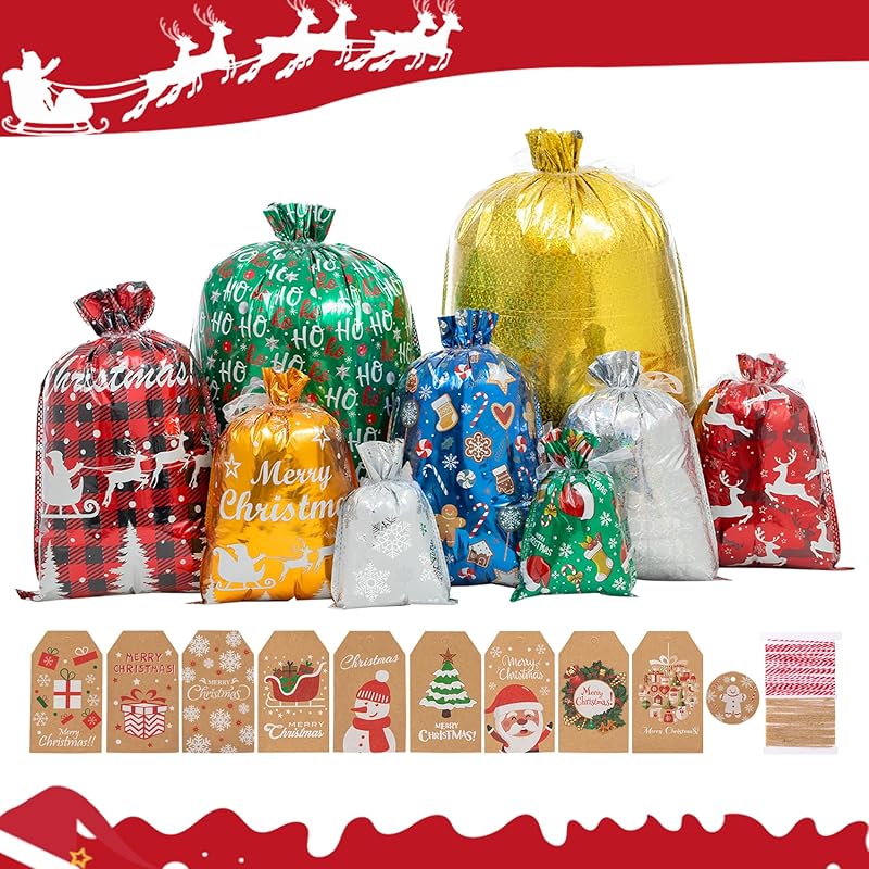 Senteria Christmas Gift Bags-42Pcs Drawstring Gift Bags Xmas Christmas Bags with Drawstring for Wrapping Christmas Gifts Presents with Ribbon Ties