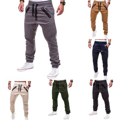 Men Drawstring Joggers Pants Solid Color Zipper Pleated Sweatpants Trousers