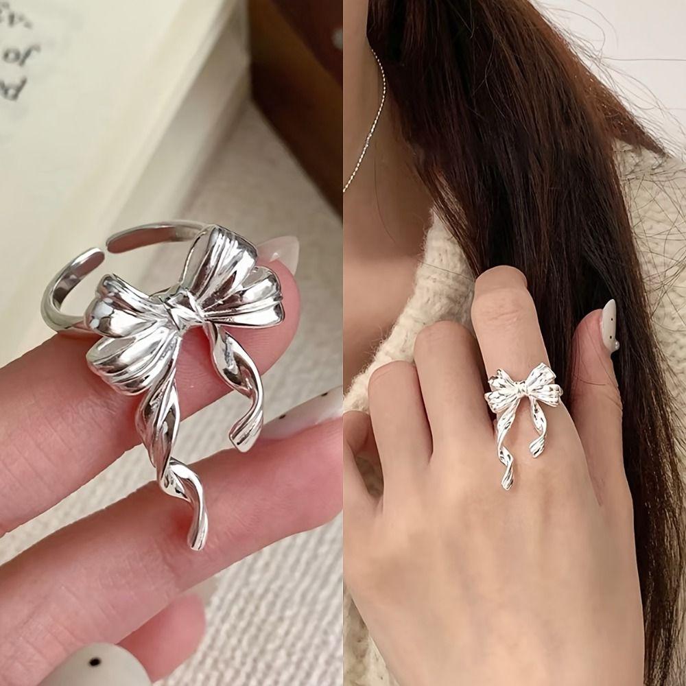 Geometric Design Tassel Bowknot Rings Finger Adjustable Sterling Silver Rings  Party Jewelry