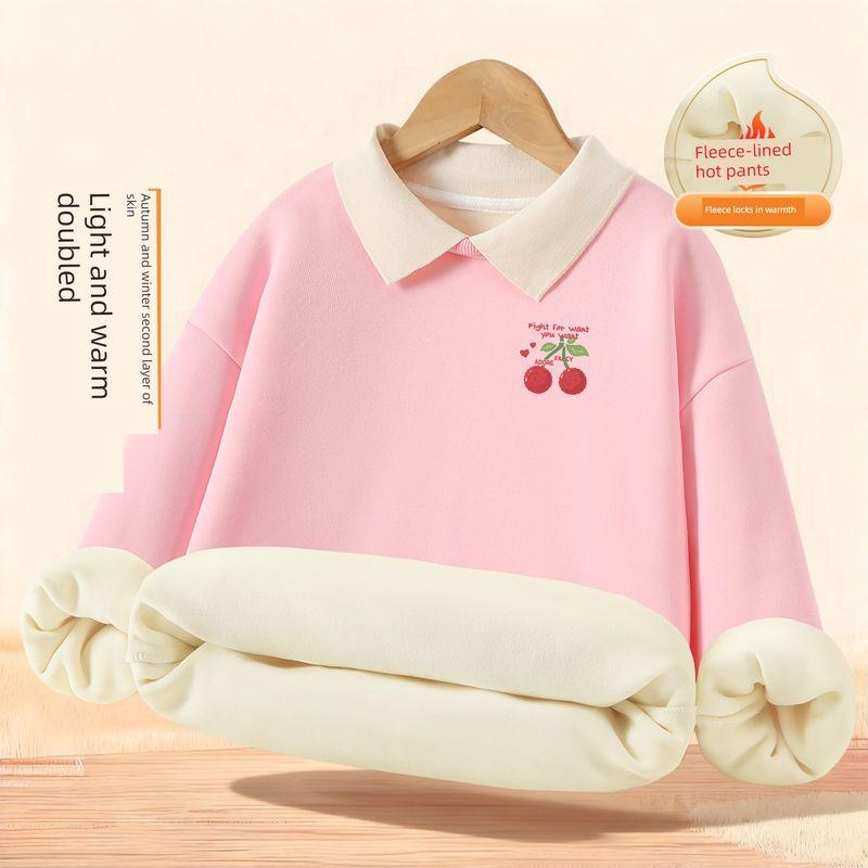 Girls' Sweatshirt Autumn and Winter Style A-Class Children's Autumn Clothing Fleece-Lined Thickened Warm Long-Sleeve T-Shirt Girls' Collared Top