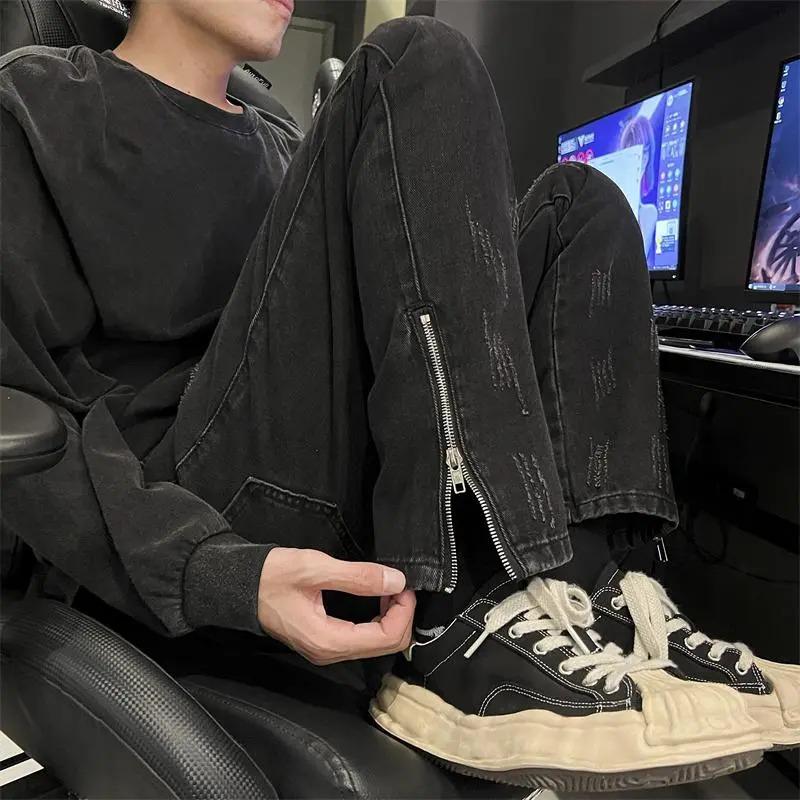 

Men s Vintage Black Wash Zip Detail Wide Leg Denim Pants S чорний