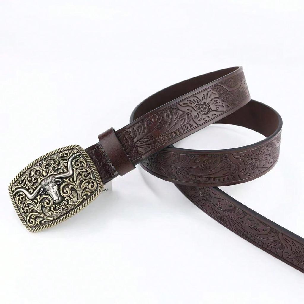 Western Cowboy Belt, Bull Head Big Board Buckle, Retro Youth Punk PU Leather Casual Versatile Belt for Men and Women