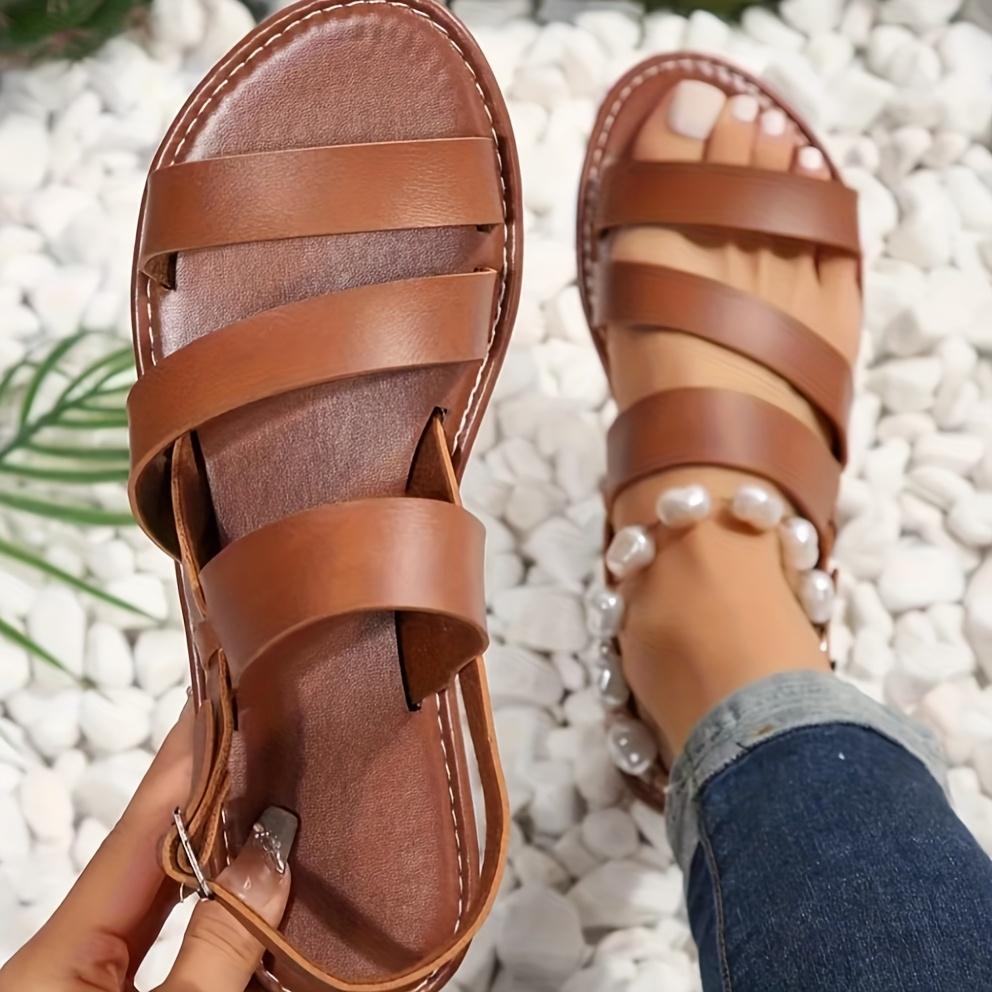 Women's Adjustable Crisscross Strap Flat Sandals - Open-Toe Summer Beach Shoes with Buckle Closure Casual Roman Sandal, Strappy Sandals