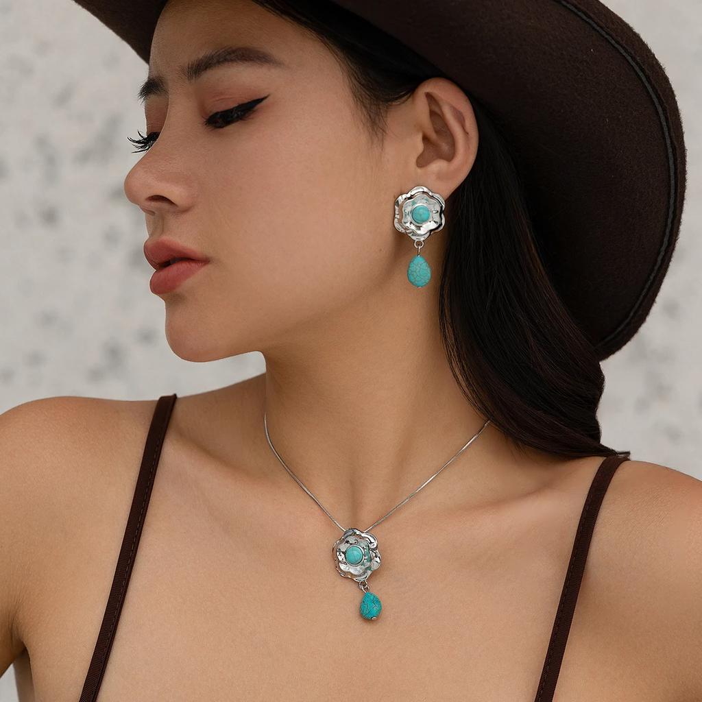 New Fashion Ethnic Flower Water Drop Blue Stone Pendant Choker Necklace Stud Earrings for Women Jewelry Set Wed Accessories Gift