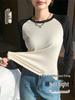 Women's Black and White Patchwork Long Sleeve Retro Slim Fit T-shirt, 2026 Spring/Autumn, Round Neck Base Layer.