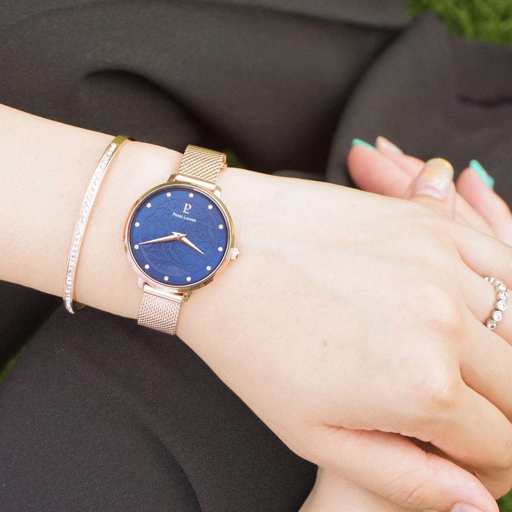 Relógio Pierre Lannier Aeolia Collection Mesh Belt P039L968 Importado Ouro Rosa x Azul Marinho [Pierre Lannier] Feminino [Produto Regular]