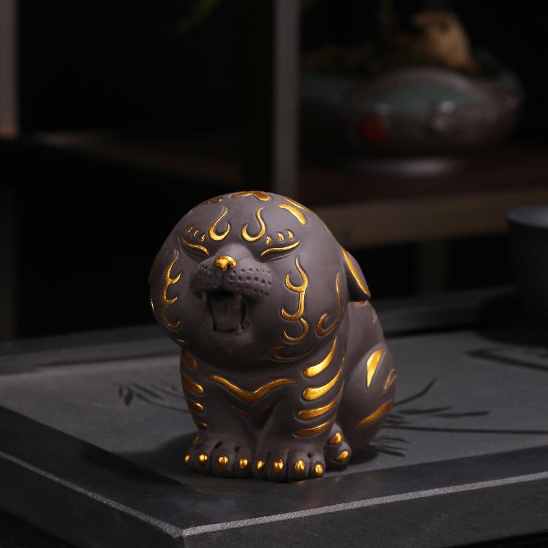 Gold-Inlaid Purple Clay Tiger Tea Pet Ornament
