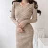 Autumn Vintage V-neck Waist Design Slim-fitting and Thin Hip Skirt Long-sleeved Women's Knitted Dress