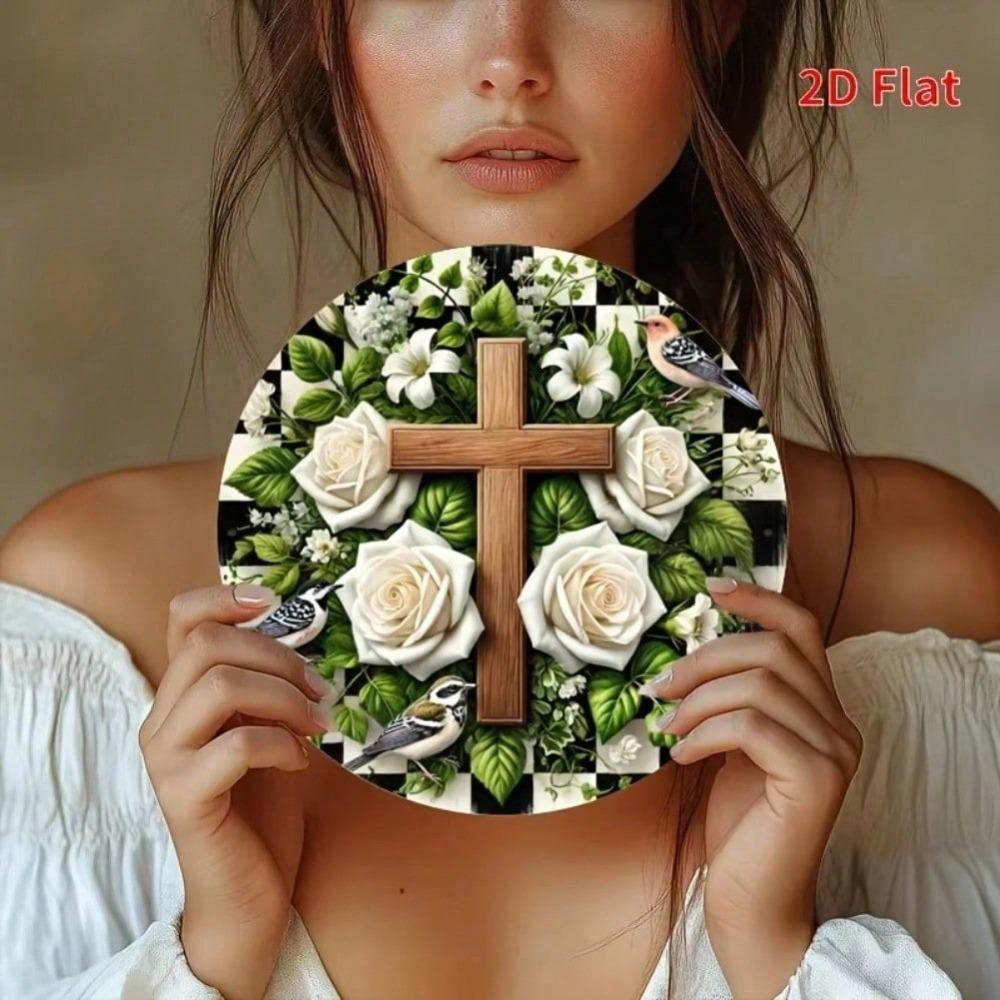 Metal Sign Jesus Saves 8 Inch Round Wall Art White Roses Wood Cross Religious Home Decor