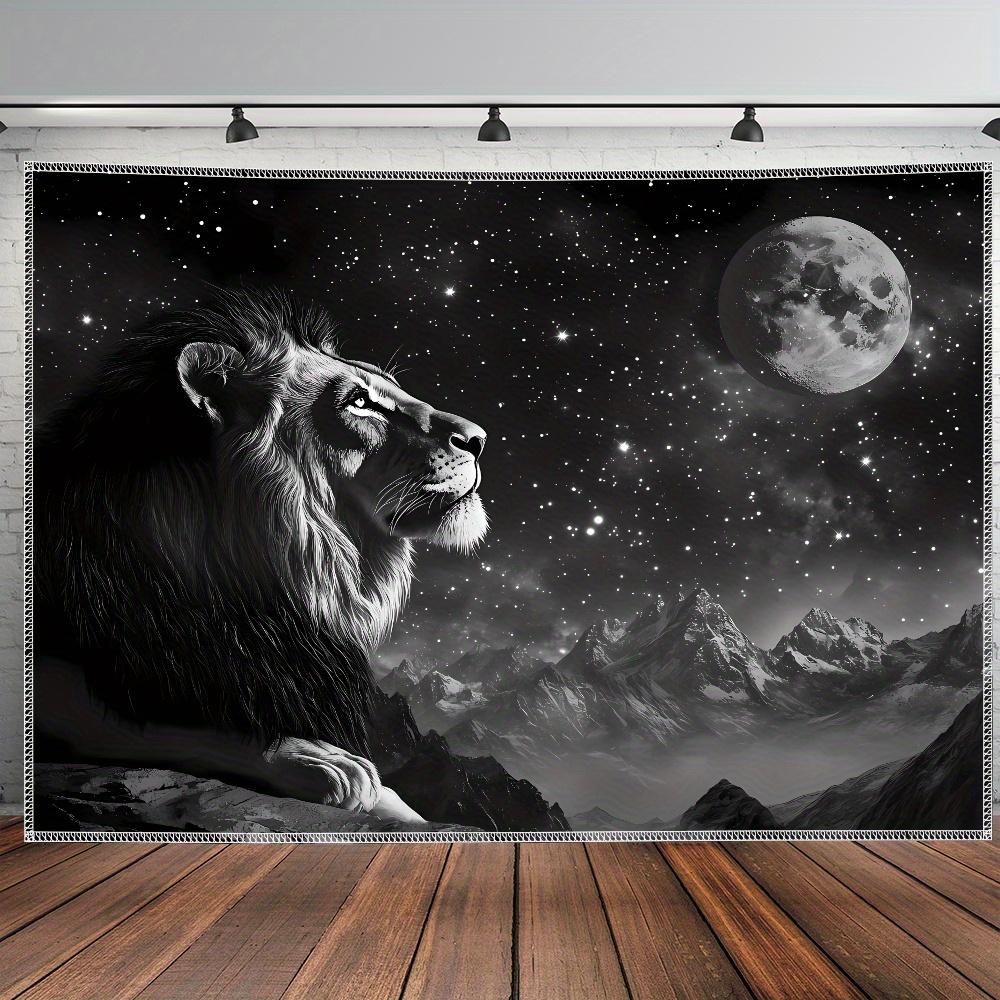 Majestueuze Leeuw Sterrennacht Wandkleed Wanddecoratie Melkweg Maan Berg Safari Decor Bohemien Jungle Dierenlandschap Kunstwerk Kamer
