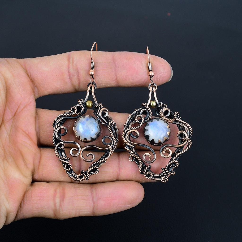Rainbow Moonstone Earrings Gemstone Jewelry, 999 Copper Wire Wrapped Earrings, Handmade Beautiful Jewelry Earrings
