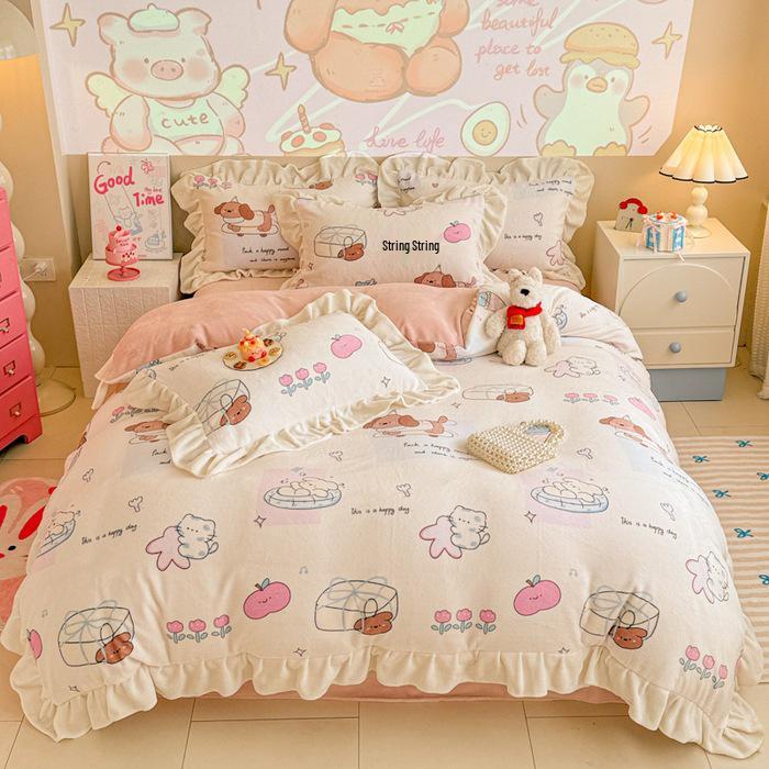 Floral Cartoon Milk Velvet and Lambswool Blanket Set - Thickened, Multifunctional Sofa Cover.